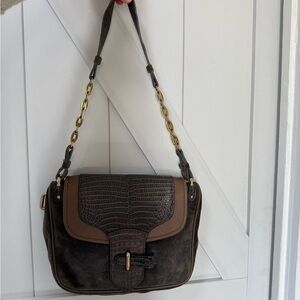 Vionnet Dark Green w/ Brown leather, Croc-Embossed Shoulder Bag with Gold Chain